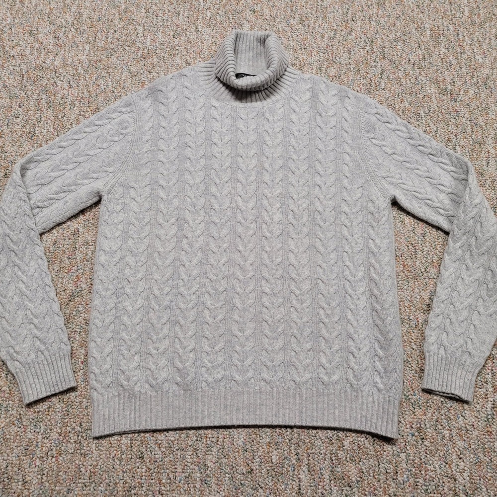Bugatchi Turtleneck Sweater Mens Medium Gray Cable Knit Made in Italy Cashmere